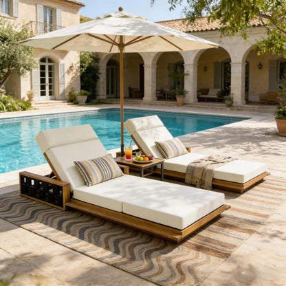 Merax Acacia Wood Patio Chaise Lounge Set of 2, Outdoor Reclining Chairs with 4-Position Adjustable Backrest, 2-Piece Sunbathing Recliner & 4" Thick Four-fold Cushion for Poolside, Garden, Beige