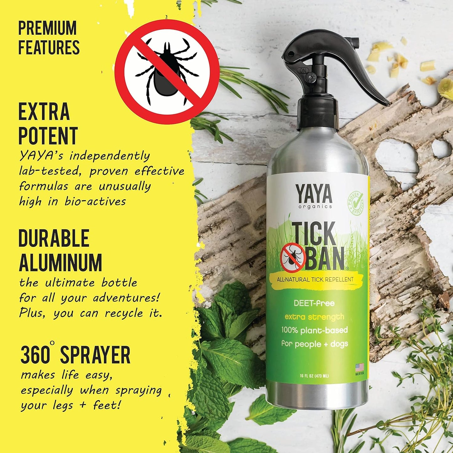 Yaya Organics All Natural Extra Strength Tick Repellent DEET Free - 16 Ounce Spray Bottle