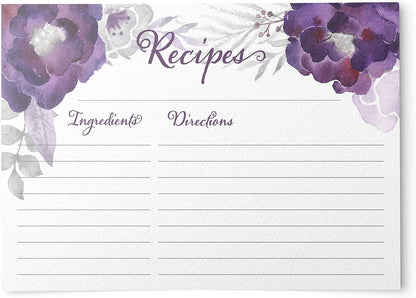 Floral Recipe Cards from Dashleigh, 48 Double-Sided Water-Resistant Cards, 4x6 inches (Violet Purple)