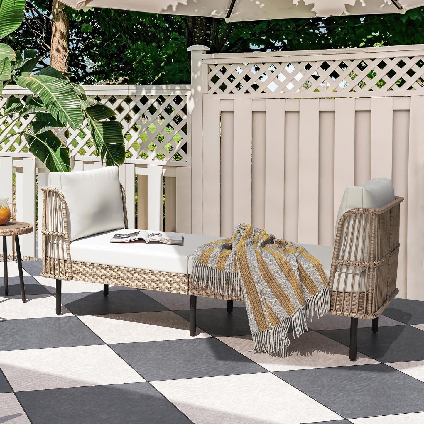 YITAHOME Wicker Outdoor Chaise Lounge, Oversized Patio Love Sofa, 74 Length Outdoor Indoor Upholstered Sofa Recliner Daybed with Thickness Cushion Indoor Lounger for Balcony Garden Pool - Beige