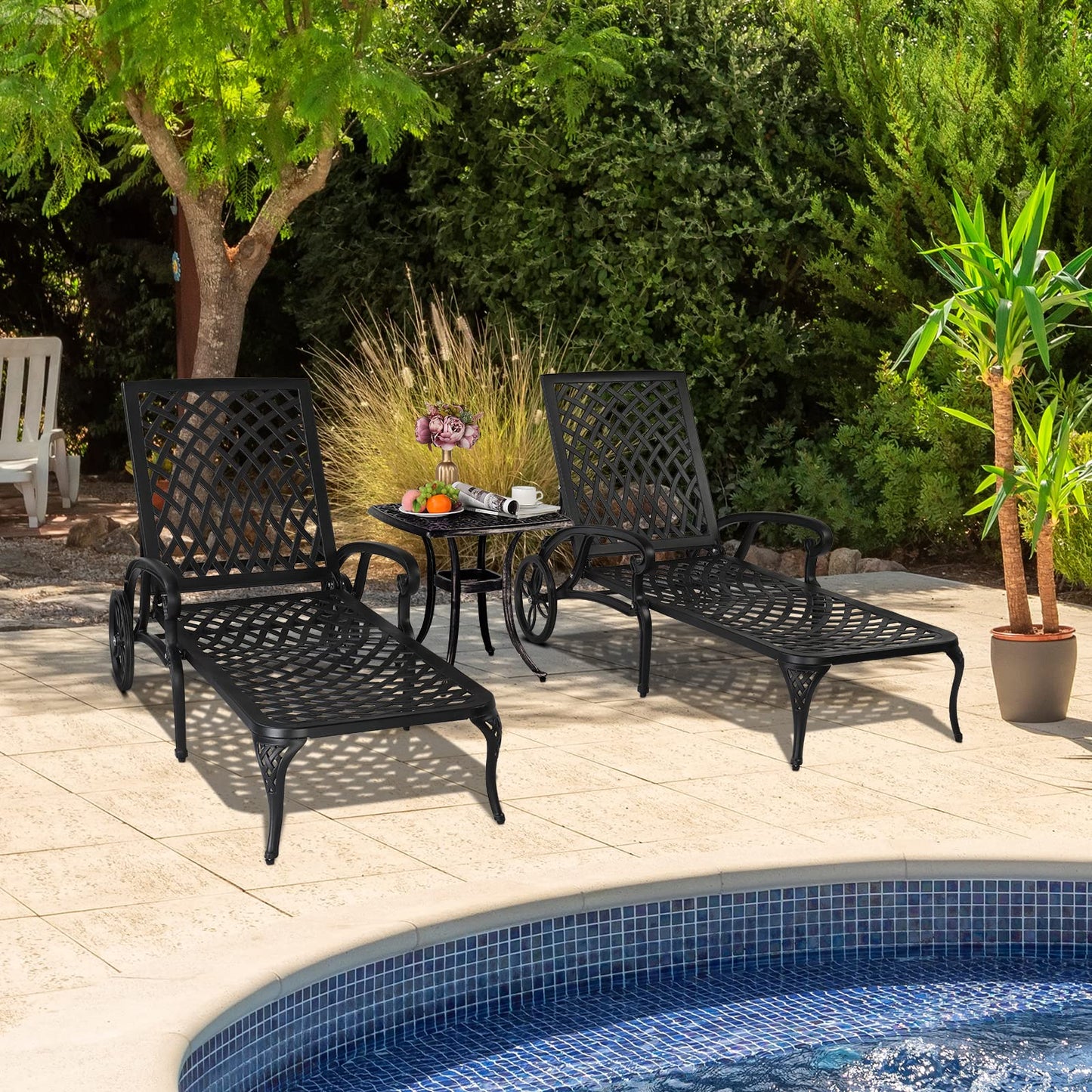 VINGLI Cast Aluminum Outdoor Chaise Lounge Chair with Wheels, Patio Chaise Lounges with 3-Position Adjustable Backrest, Pool Lounge Chair Reclining Chairs for Poolside Tanning (1, Black)