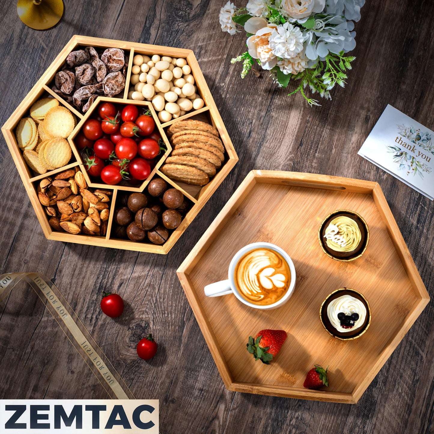 Snack and Serving Tray Set – 13" Divided Bamboo Appetizer Platter for Dry Fruit, Nuts, Cheese and Charcuterie (Bamboo, 13"x11")