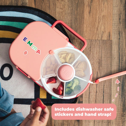 GoBe Kids Lunchbox with Small Snack Spinner Flip - Bundle with Hand Strap & Sticker Sheet, 2-in-1 Bento Style Lunch Container, 5 Small +1 Large Sandwich Compartment, BPA & PVC Free- Macaron Blue