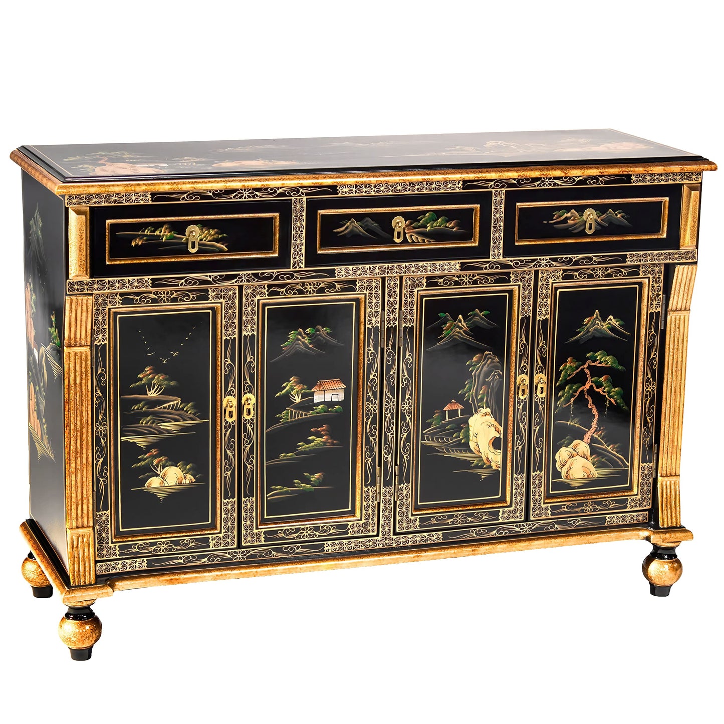 Red Lantern Artisan Crafted Black Lacquer Sideboard - Landscape