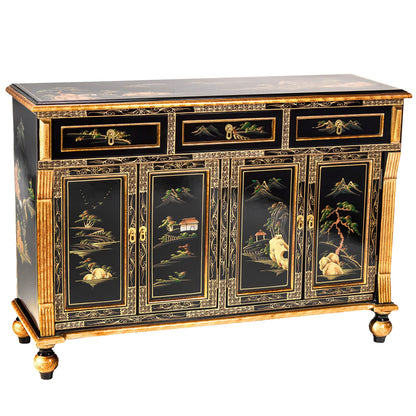 Red Lantern Artisan Crafted Black Lacquer Sideboard - Landscape