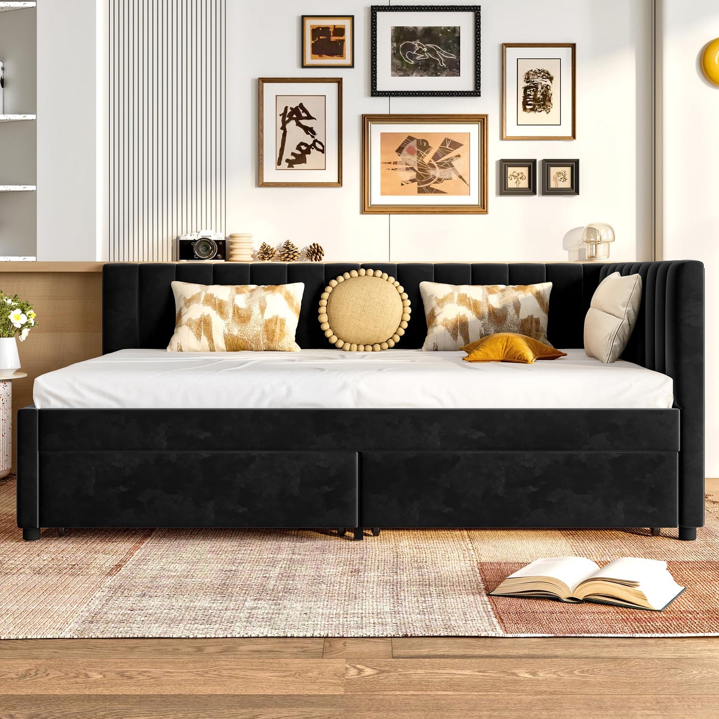 KEIKI Full Size Upholstered Daybed with Storage Drawers, L-Shaped Corner Bed Frame with Velvet Headboard, Modern Space-Saving Captain’s Bed for Living Room or Guest Room, Black