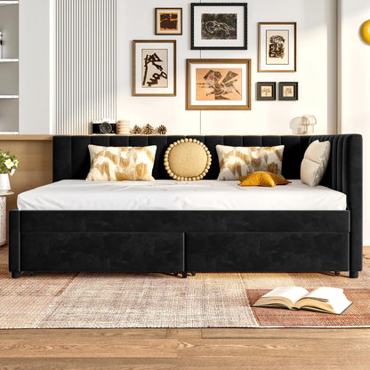 KEIKI Full Size Upholstered Daybed with Storage Drawers, L-Shaped Corner Bed Frame with Velvet Headboard, Modern Space-Saving Captain’s Bed for Living Room or Guest Room, Black
