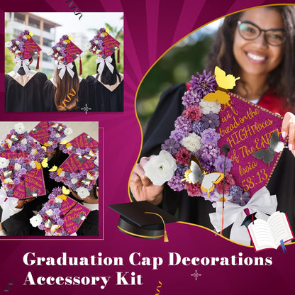 68 Pcs Purple DIY Graduation Cap Decorations Accessory Kit 3D Artificial Flowers White Bows Butterfly Glitter Alphabet Number Pearl Stickers for DIY Hat Grad Cap Topper Graduation Party Supplies