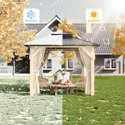 10x10 FT Outdoor Hardtop Wood Gazebo with Cedar Frame, Double Galvanized Steel Roof, Patio Pavilion with Curtains, Mesh Netting & Ceiling Hook for Backyard, Deck, Lawn, Garden