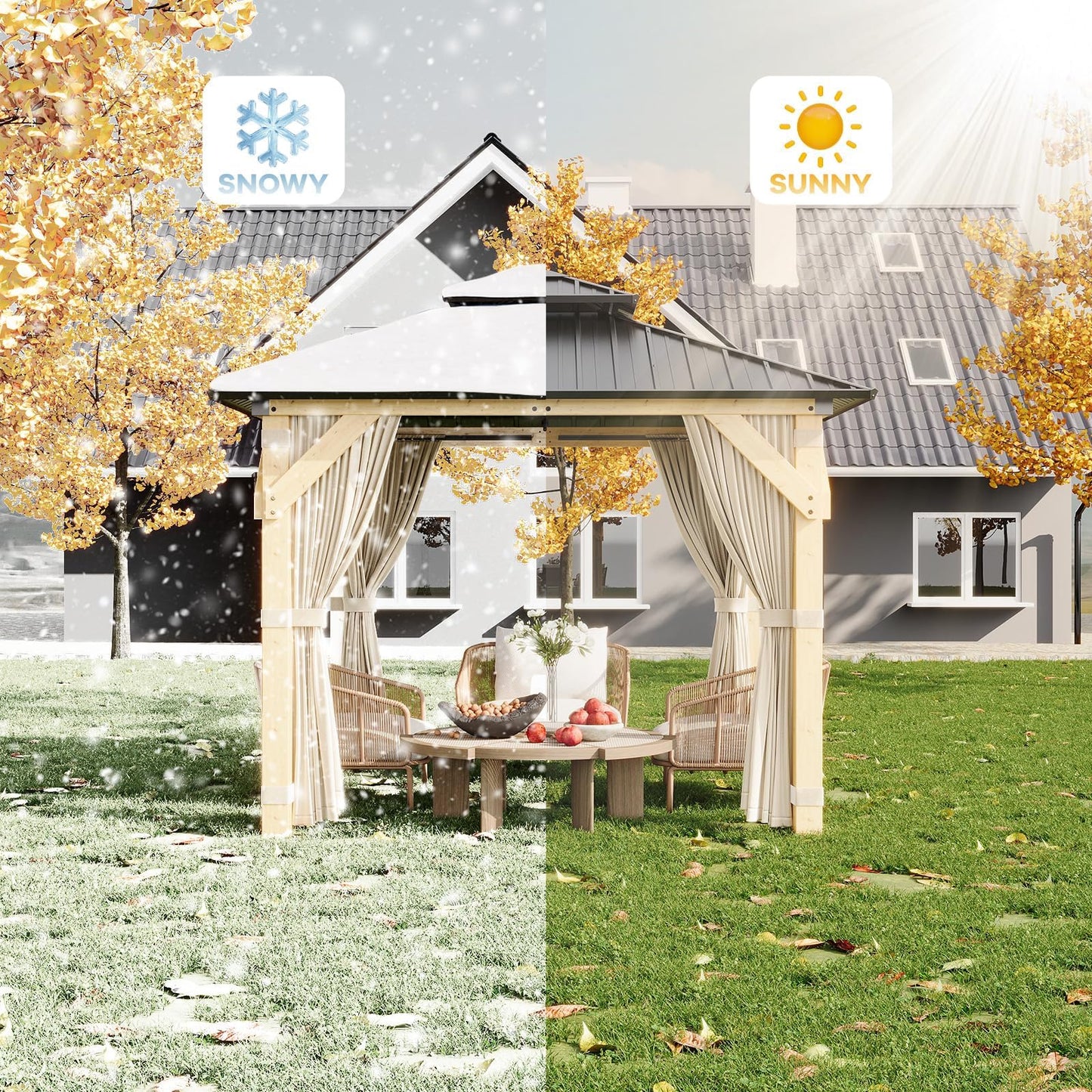 10x10 FT Hardtop Wood Gazebo, Outdoor Patio Pavilion with Cedar Frame, Double Galvanized Steel Roof, Curtains and Mesh Netting, Ceiling Hook Shelter for Backyard Deck Lawn Garden, Khaki