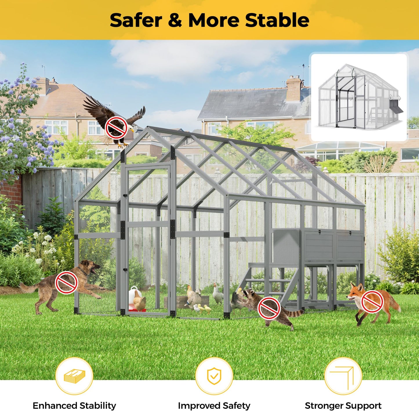 COZIWOW Chicken Coop with Full Waterproof Cover, 9' Extra Large Wooden Chicken House for 10-15 Chickens, 4 Nesting Boxes, Roosting Bars, Outdoor Walk-in Poultry Run for Backyard, Farm, Modern Gray