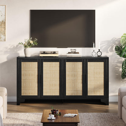 Garvee Natural Rattan Storage Cabinet with Shelves, 4-Door Sideboard Buffet Cabinet, Boho TV Stand Console Table for Living Room, Entryway, Dinning Room