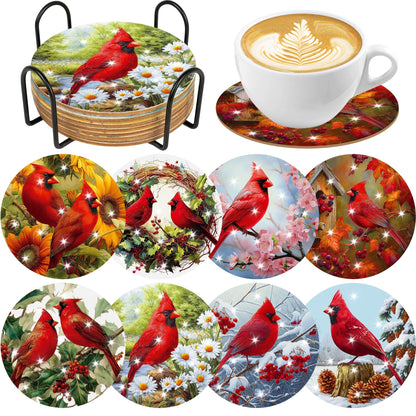 Cardinal Diamond Art Coasters Kit, 8 Pcs Red Bird Diamond Painting Coaster with Holder and Cork Pads, Non-Slip DIY Coasters Art for Adults Beginners DIY Craft Home Decor, Christmas Birthday Gifts