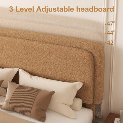 viplov King Size Boucle Upholstered Platform Bed Frame with Adjustable Headboard, Soft Cloud Bed, No Box Spring Needed, Noise Free, Easy Assembly, Brown