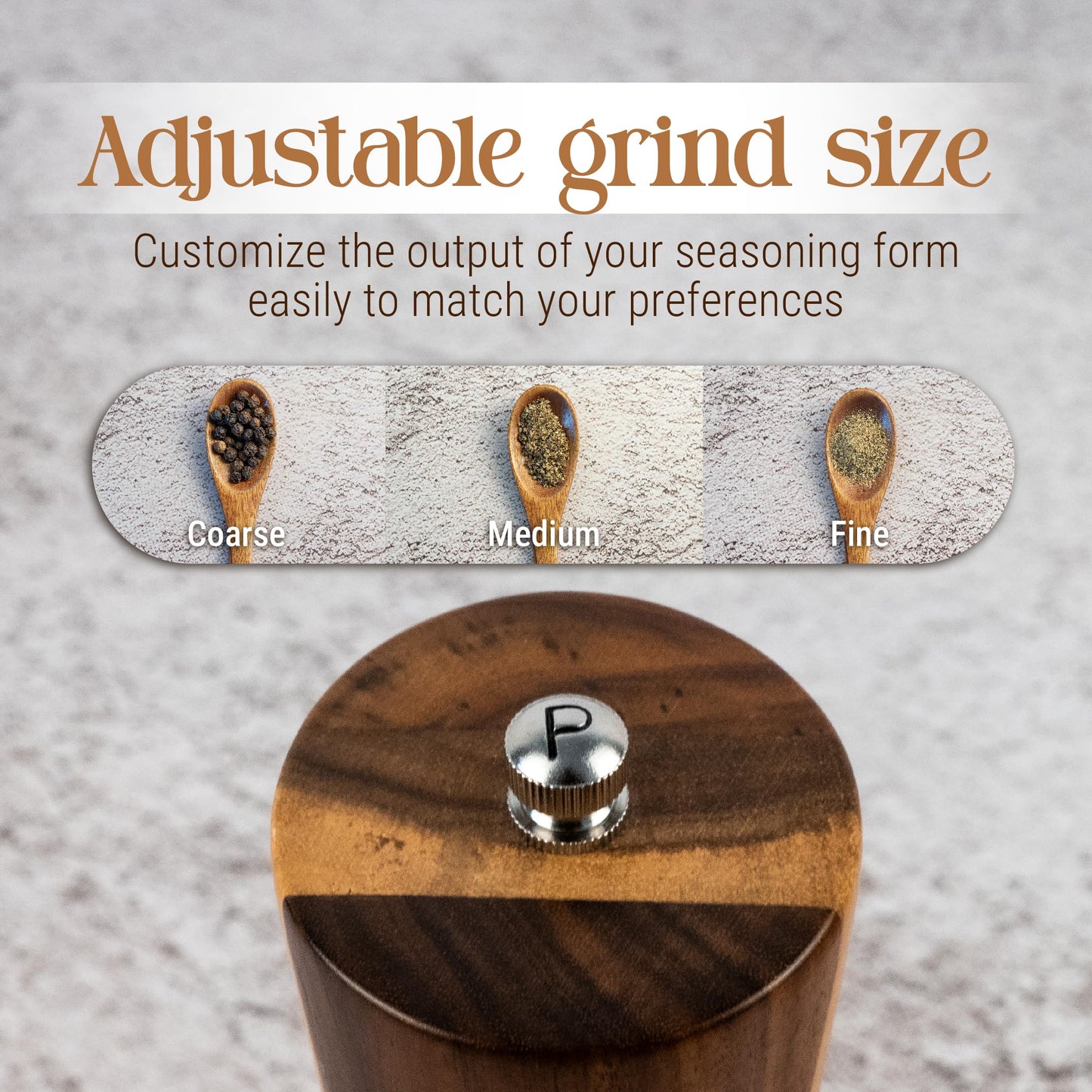 Acacia Wood Salt & Pepper Grinder Set – 8" Manual Adjustable Mills – Wooden Pepper Mill Gift Set with Funnel, Spoon & Brush – Eco-Friendly Kitchen Spice Grinder