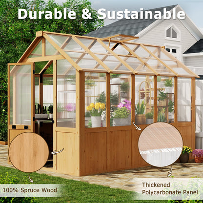 EROMMY 6x10 FT Wooden Greenhouse for Outdoors, Walk-in Greenhouse Kit with 4mm Polycarbonate Panels, Adjustable Roof Vent, Lockable Door, Backyard Greenhouse for Plants and Vegetables