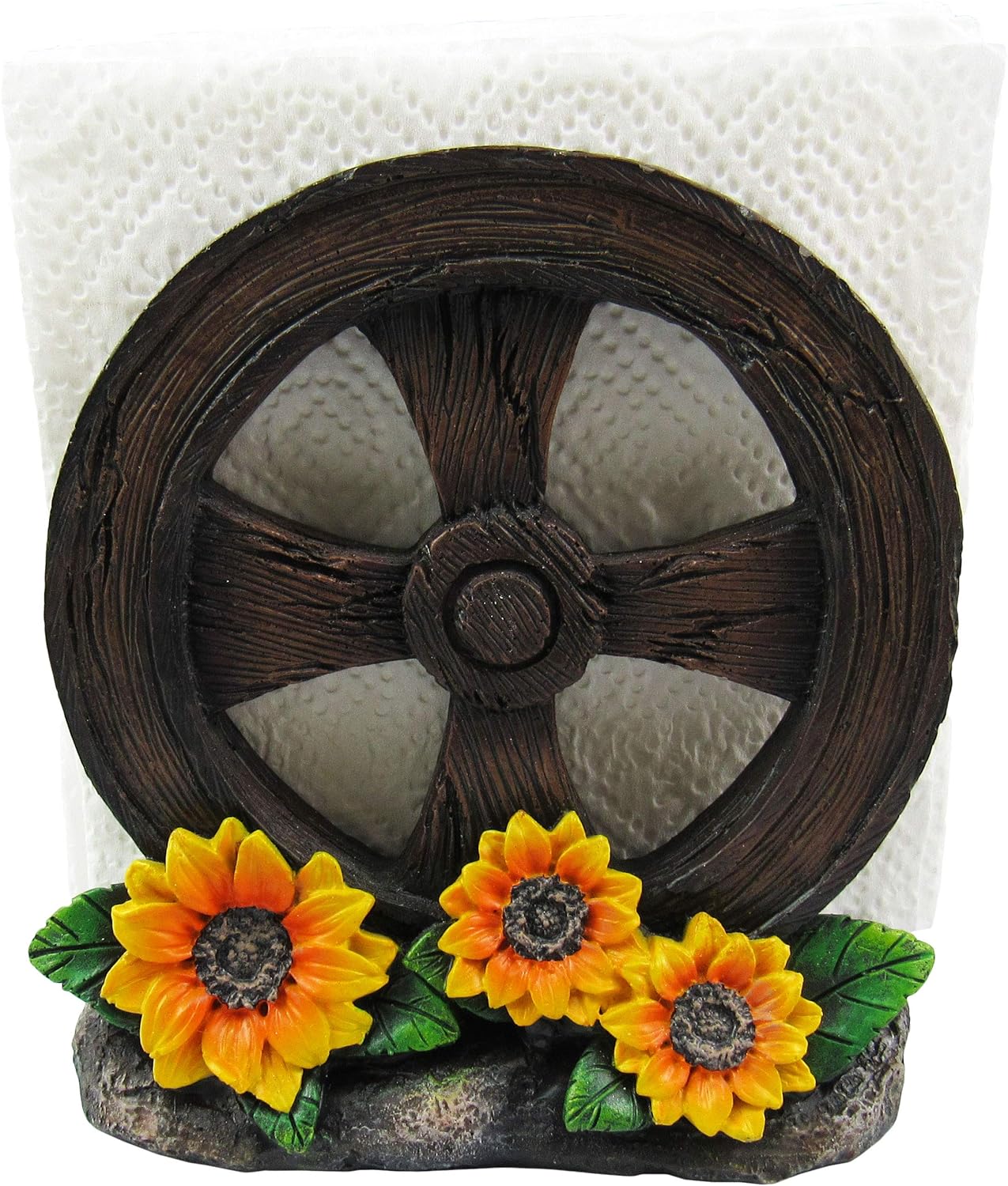 DWK - Country Diner - Rooster with Wagon Wheel Farm Barrel and Sunflowers Napkin Salt & Pepper Shaker Holder Home Décor Kitchen Accessory Dining Accent 3-Piece Set, 6-inch