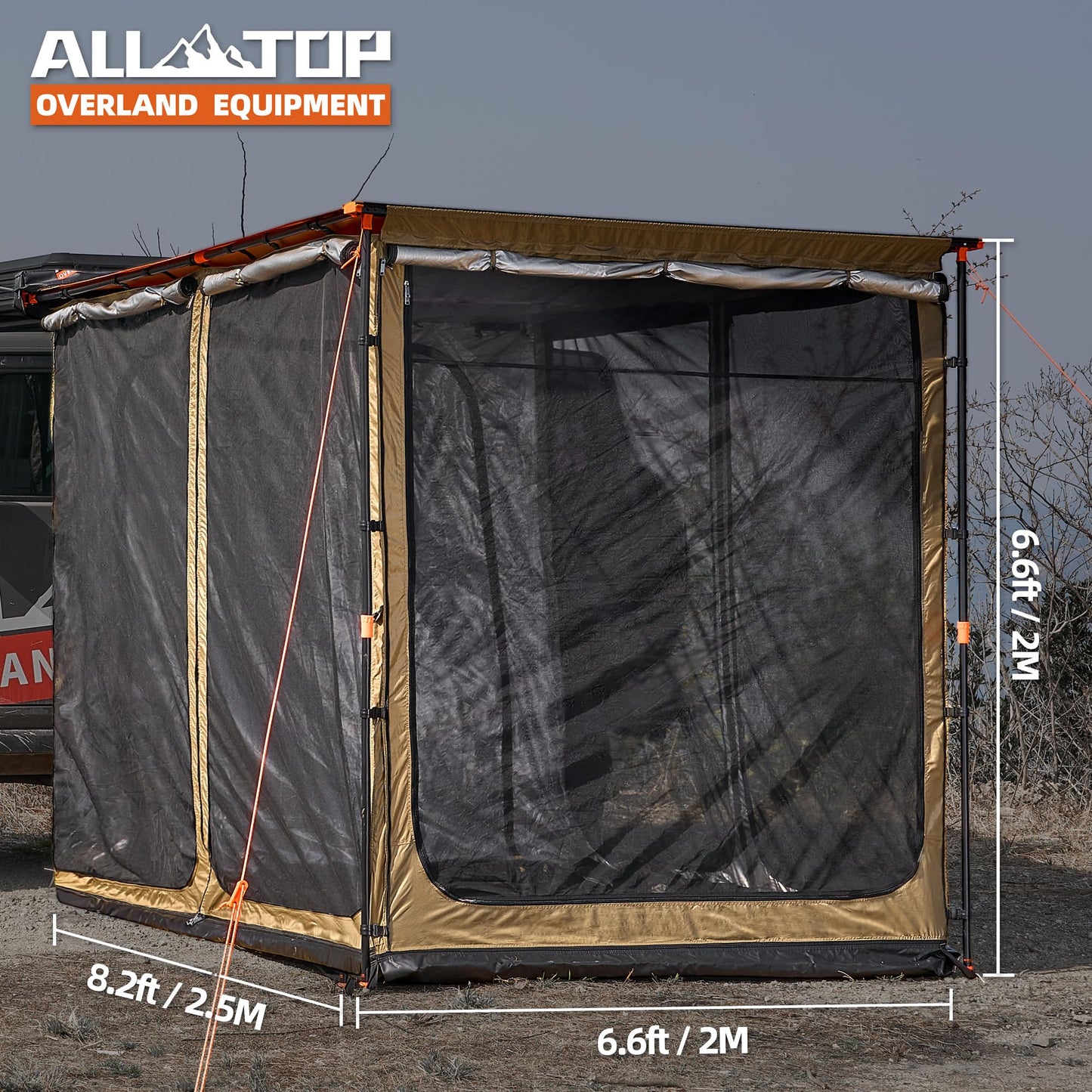ALL-TOP Awning Room with Floor 6.6' x 8.2' Rip-Stop 420D Oxford Awning Tent with Bug-Resistance Mesh, Waterproof Sun Shelter for Overland, Camping(Room Only)