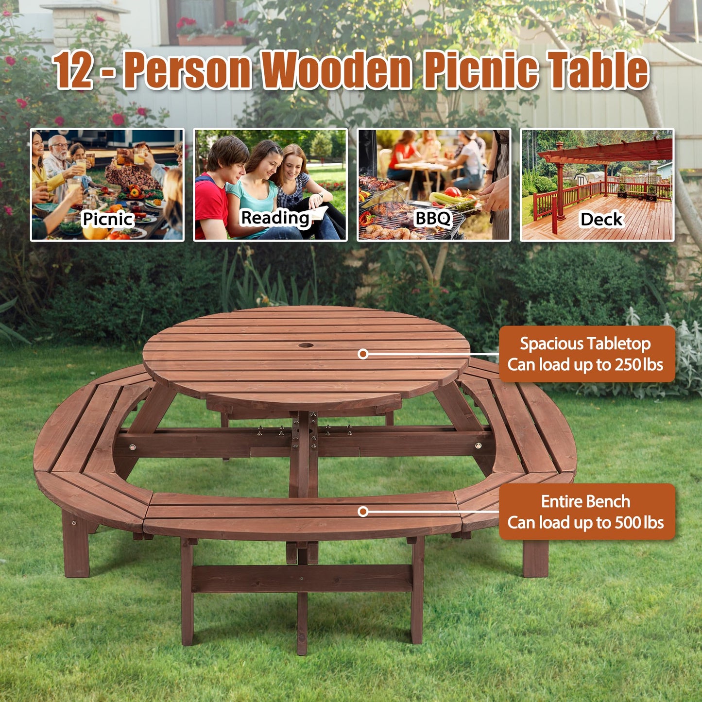 10-12 Person Round Outdoor Wooden Picnic Table with 1.97" Umbrella Hole, 70 Inch Heavy Duty Circular Backyard Patio Garden Table for Large Family Gathering, Rustic Fir Wood Dining Set, Walnut Brown