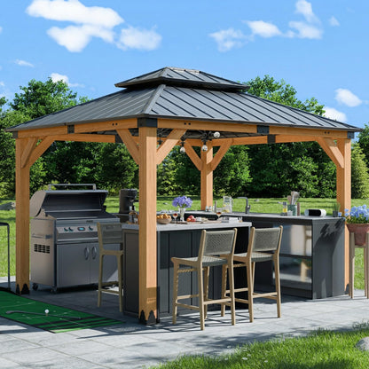 CHARMELEON 10x12 FT Cedar Wood Gazebo,Hardtop Wooden Gazebo with 4.6in Thickened Posts&High Load-Bearing Galvanized Steel Roof for Outdoor, Patio, Backyard-Natural