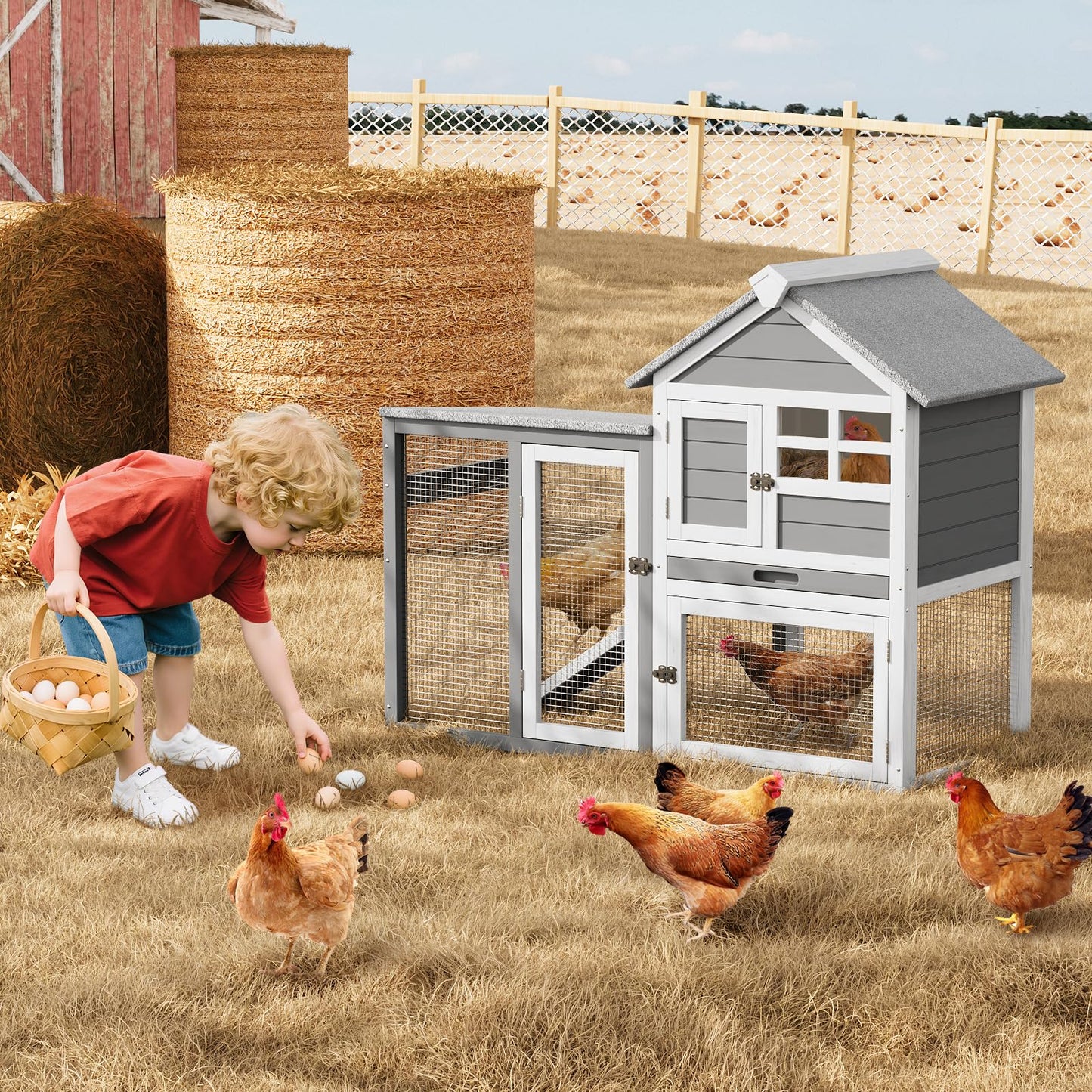 GarveeTech 2-Story Rabbit Hutch Outdoor, 45" Bunny Hutch, Small Chicken Coop Wooden with Pull-Out Tray & Ramp, Bunny Cage with Waterproof Roof, Poultry Cage for Bunnies, Chickens, Ducks, Guinea Pigs