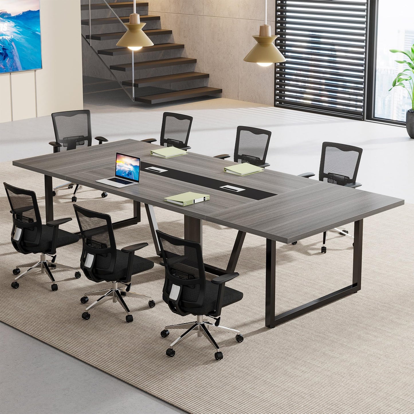 Tribesigns 8FT Conference Table, 94.49 L x 47.24 W x 29.53 H Inches Large Meeting Podcast Table for 10 People, Business Style Wooden Training Table with Strong Metal Frame for Office Conference