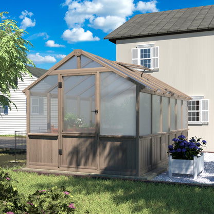 Yardenaler 8x12 FT Greenhouse Kit with 6MM Thick Polycarbonate Panel for Outdoor, Wooden Walk-in Green House with Adjustable Roof Vent and Lockable Door, Backyard, Garden, Light Mocha Brown