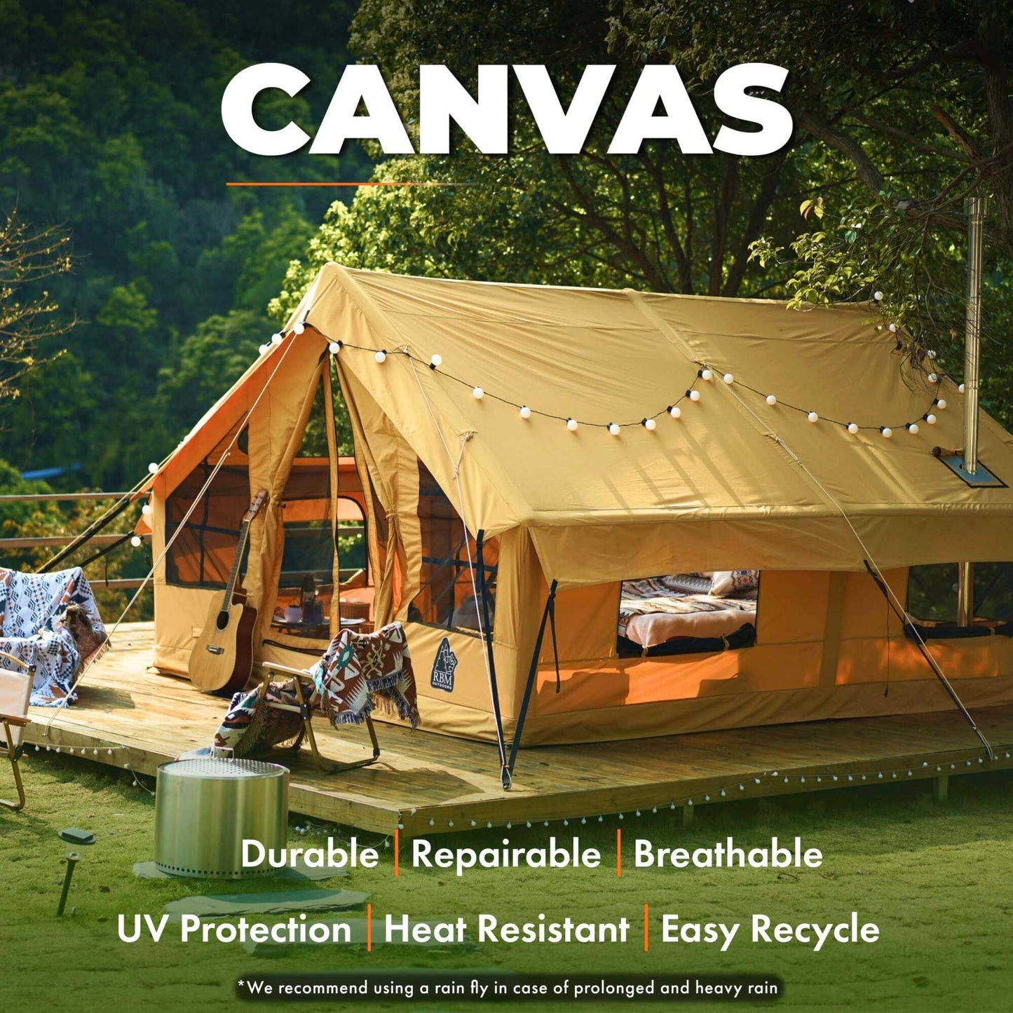 RBM Outdoors Panda Air Large Inflatable Canvas Camping Tent for 2–6 People – Air Beam Tent with Stove Jack, Fast Setup, Hand Pump Included, Beige, Set