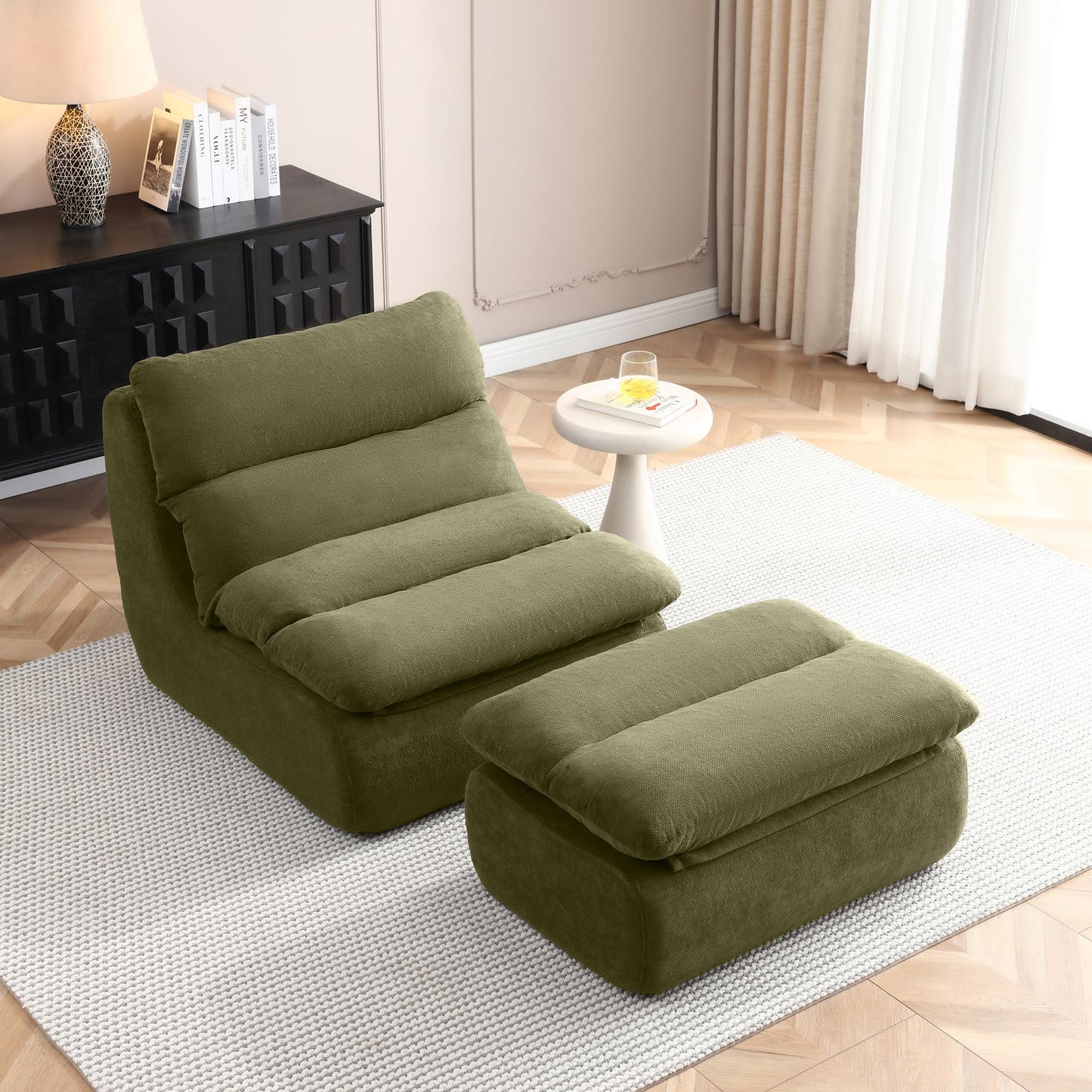 KEIKI 32" Bean Bag Chair with Ottoman, Upholstered Chaise Lounge Chair with High Density Foam, Tufted Lazy Sofa for Living Room, Bedroom (Green)