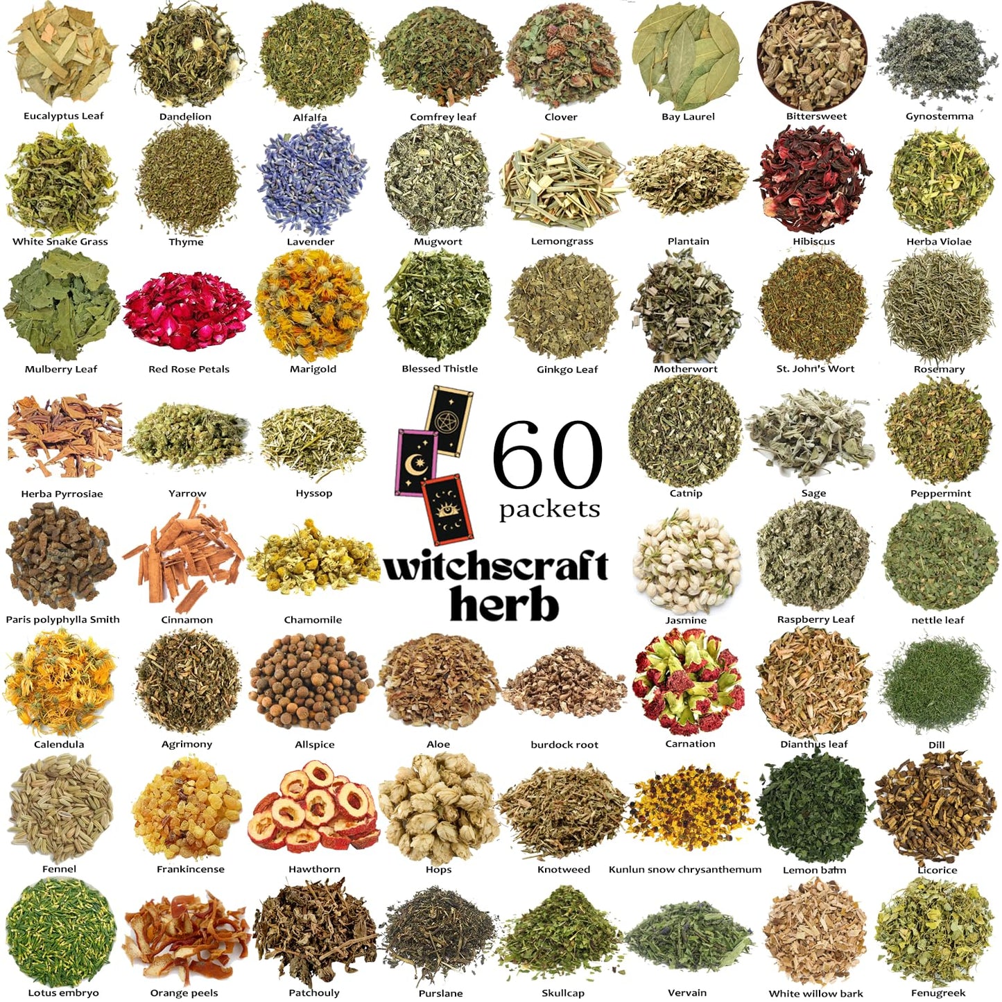 60 Pcs Labeled Dried Herbs and Flowers Kit for Witchcraft, Individually Packed Botanicals for Spell Jars, Altar Decor, Resin, Soap Making and Candle Decoration