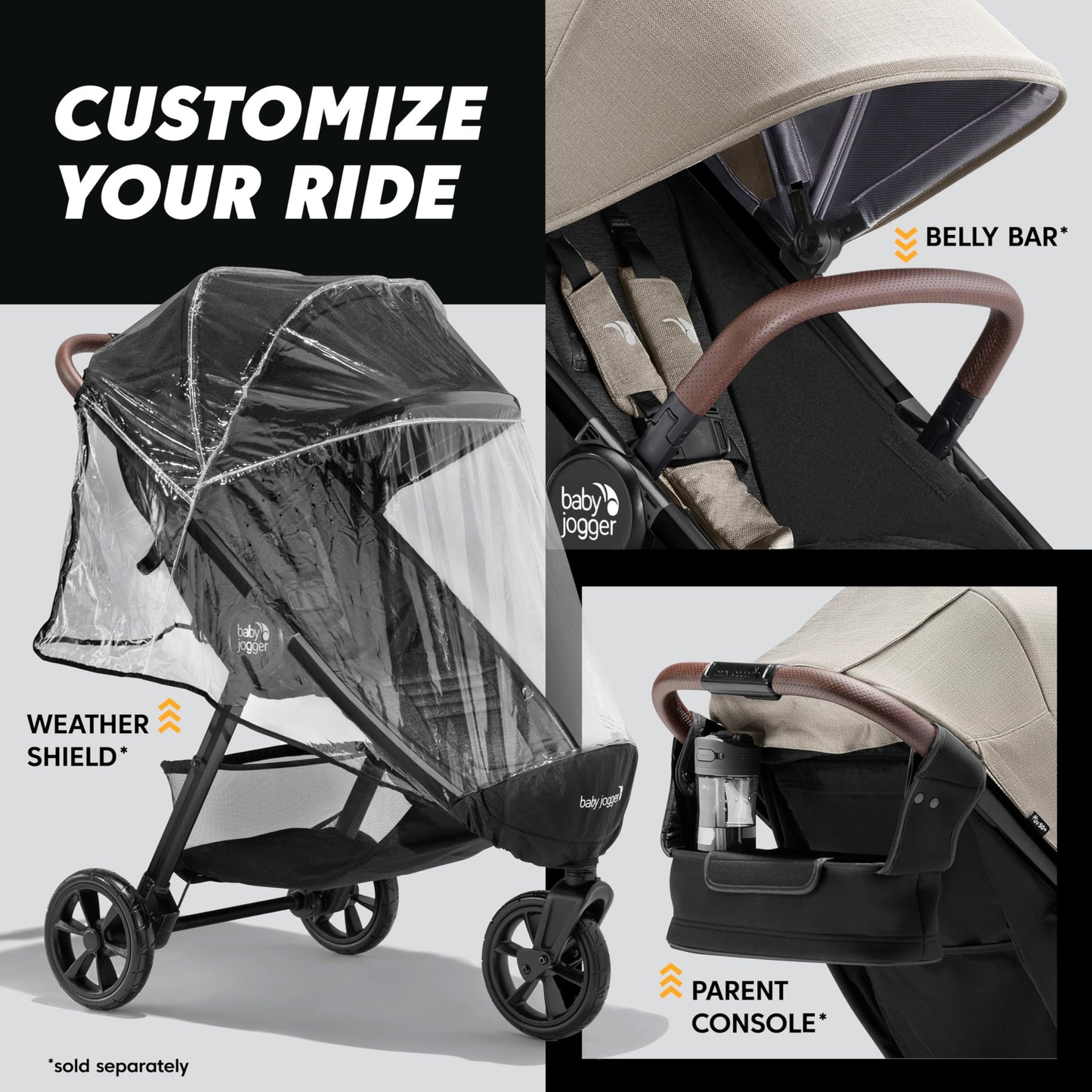 Baby Jogger® City Mini GT3 All Terrain Baby Stroller with Forever Air Rubber Tires, All Wheel Suspension, Lightweight Stroller with Magnetic Buckle, No-Rethread Harness, and Foot Brake, Rich Black