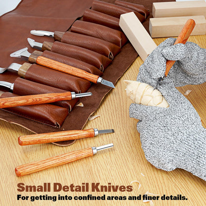 Wood Carving Tools, 15Pcs Wood Carving Kit with PU Storage Bag, Wood Whittling Kit with 6Pcs Whittling Knives & 5 Detail Carving Knives for Adults Wood Carving DIY