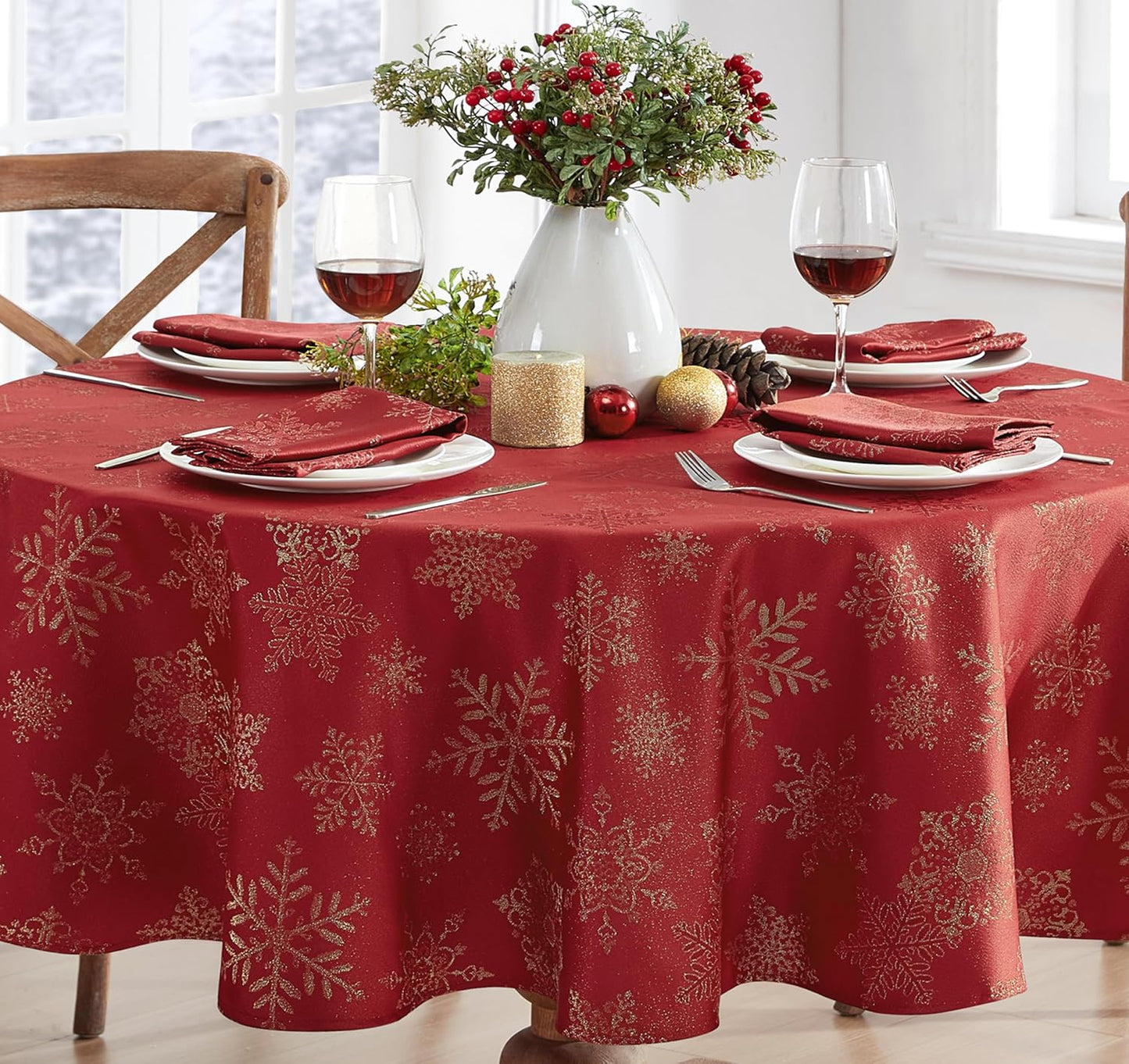 Newbridge Fancy Metallic Snowflake Christmas Tablecloth - 70 Inch Round, Red Gold, No-Iron Soil Resistant Holiday Cover