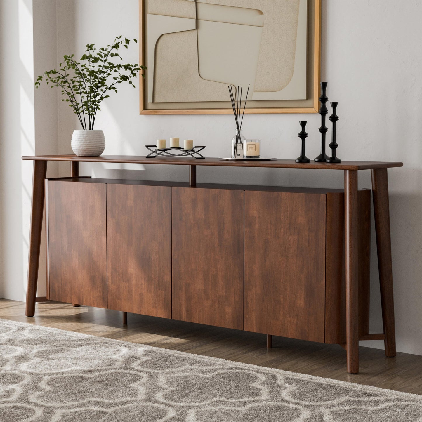 Furniture of America Nazaen IV Mid-Century Modern Solid Wood 82.5-inch Sideboard Buffet Cabinet with Hidden Drawers, Credenzas for Living Room, Dining Room, Office, Rich Walnut