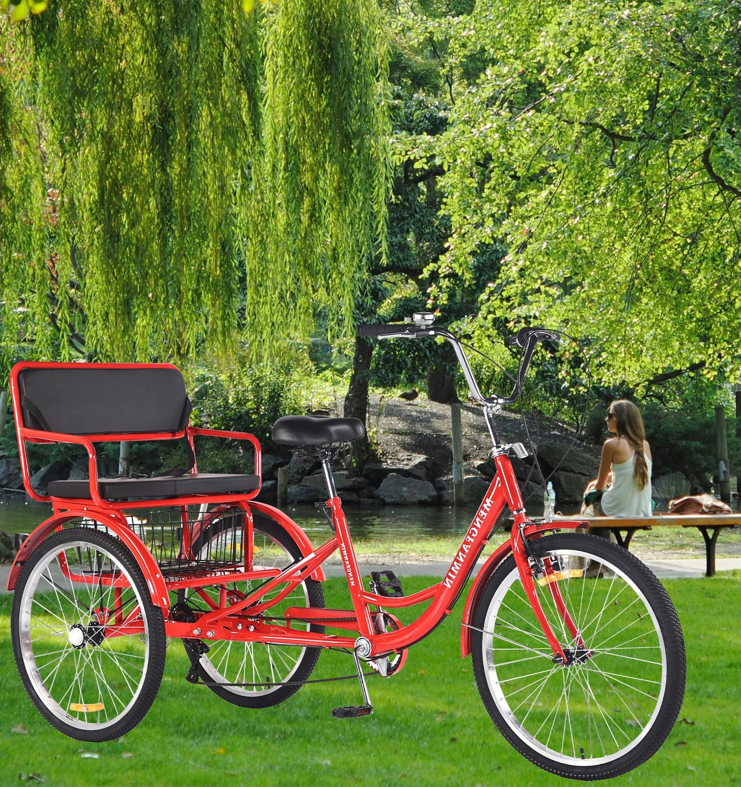 VHCLYBJU Adult Tricycle Foldable with Child seat 3 Wheel Bicycle for Ladies Tricycle with Basket with Back seat 20/24in Bikes Maximum Load 550lbs Shock Absorbing Fork Adult-Unisex (24in-7speed-red)