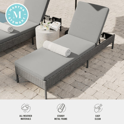 Martha Stewart Bedford Indoor-Outdoor Patio Chaise Lounge Chair with Adjustable Back and Rattan Wicker Finish in Gray with Gray All-Weather Cushions