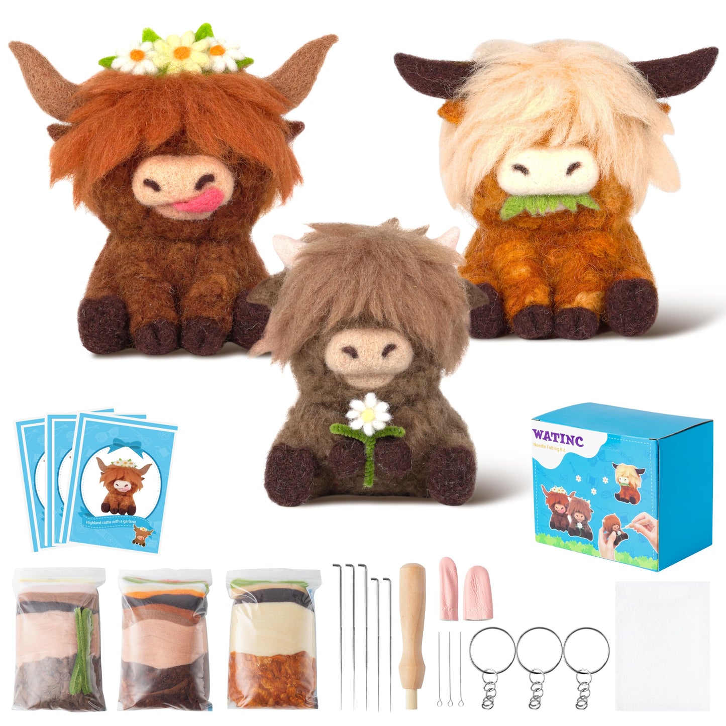 WATINC Needle Felting Kit - 3 Set Unique Different Cute Doll Wool Felt Needle Tools Foam Pad Instruction, DIY Home Decoration Craft Party Supplies for Art Work Starter Beginners (Highland Cow)