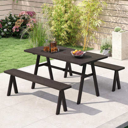 Giantex 3-Pieces Outdoor Picnic Table Set for 6 People, Rustproof Patio Dining Furniture Set with 1.93" Umbrella Hole, 800lbs Capacity Bench, 59" Camping Table for Porch Deck Yard Garden Lawn