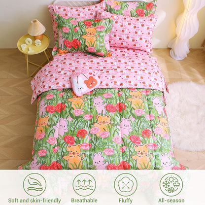 Sets 6 Set Set Mooreeke Twin Size Comforter for Girls Kids, Pieces Bed in a Bag Garden Cute Rabbit Floral Bedding
