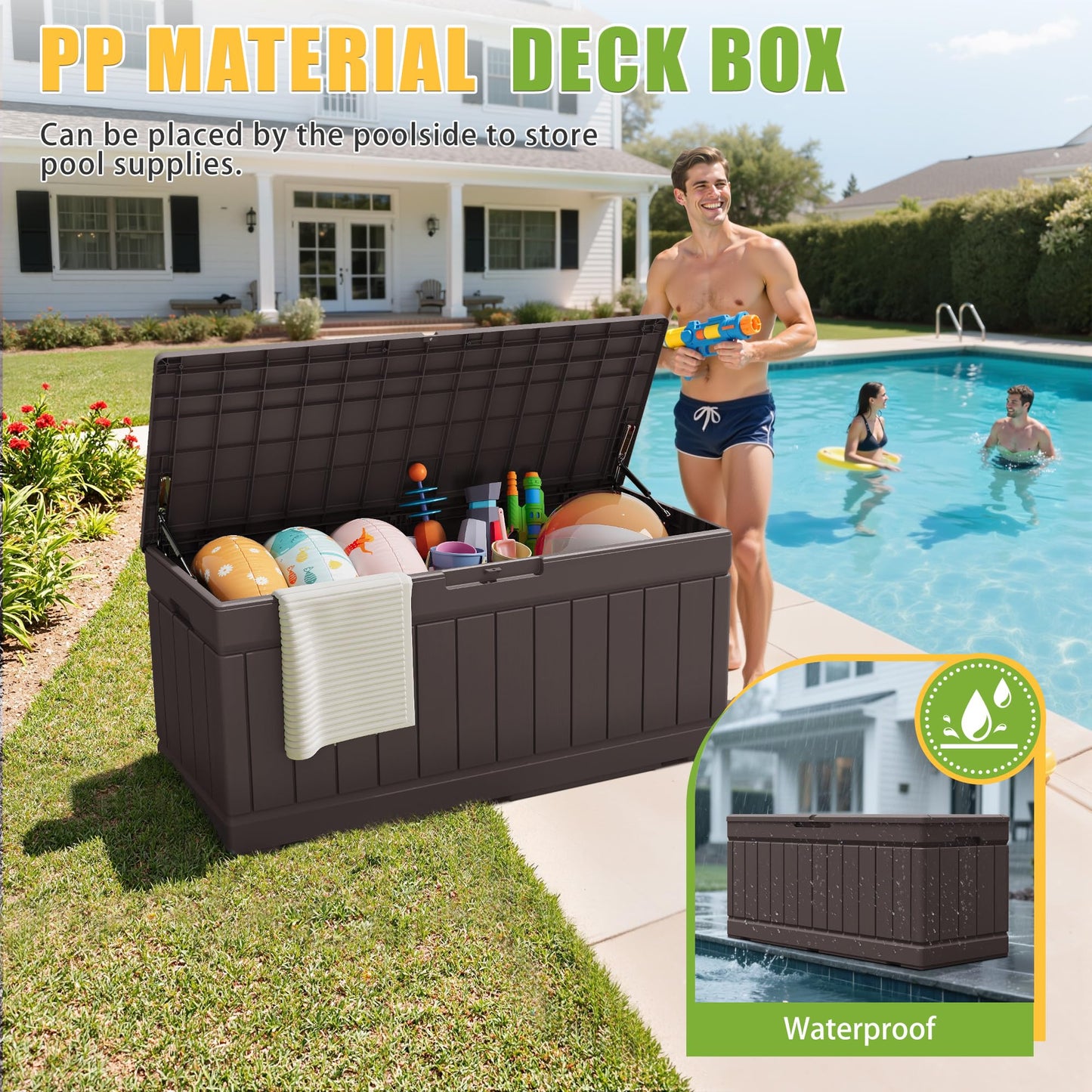 Greesum Outdoor Storage Box 82 Gallon Storage Bin with Lid for Patio Furniture, Garden Tools, Pool Supplies, Waterproof and UV Resistant, Lockable, Dark Brown
