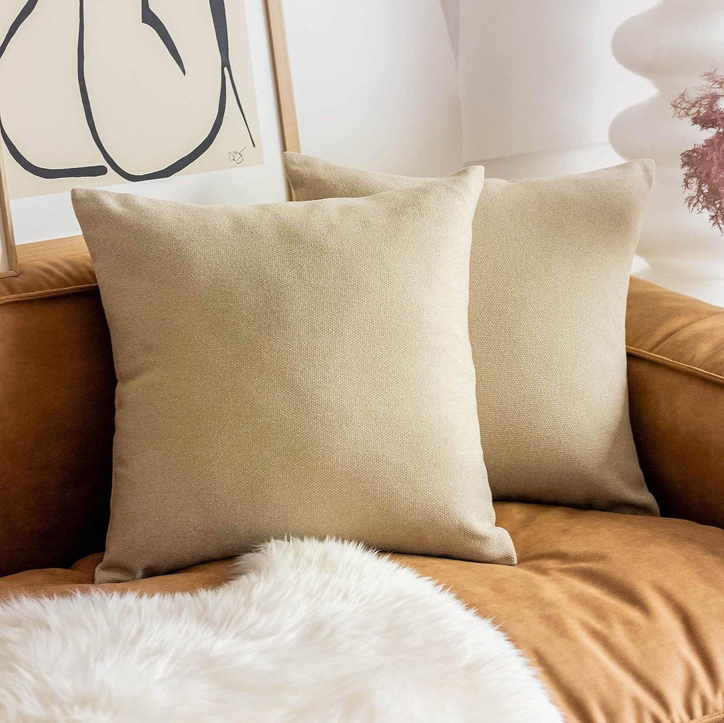 24x24 Set 2 60x60 cm, Home Brilliant Pillow Covers of Cotton Linen Cream Beige Euro Sham Covers Accent Pillows Covers