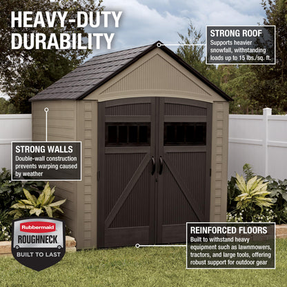 Rubbermaid Resin Outdoor Storage Shed with Floor (7 x 7 Ft) Weather Resistant, Brown Gable, Organization for Home/Backyard/Garden Tools/Lawn Mower/Bike Storage/Pool Supplies