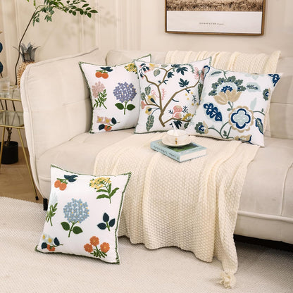 Embroidered Decorative Throw Pillow Covers, 18x18 Inch Pack of 2, Farmhouse Spring Tree Flower Pillowcase