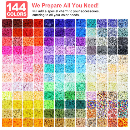 Redtwo 23000Pcs Clay Beads Friendship Bracelet Making Kit, 7 Boxes 144 Colors Flat Polymer Heishi Beads Set for Friendship Jewelry Making Kit with Pendant Charms, Crafts Gifts for Girls Ages 6-12 Kids
