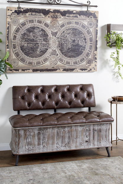 Deco 79 Wood Room Storage Bench Entryway Bench with Tufted Faux Leather Seat and Back, Bench 47" x 20" x 32", Brown