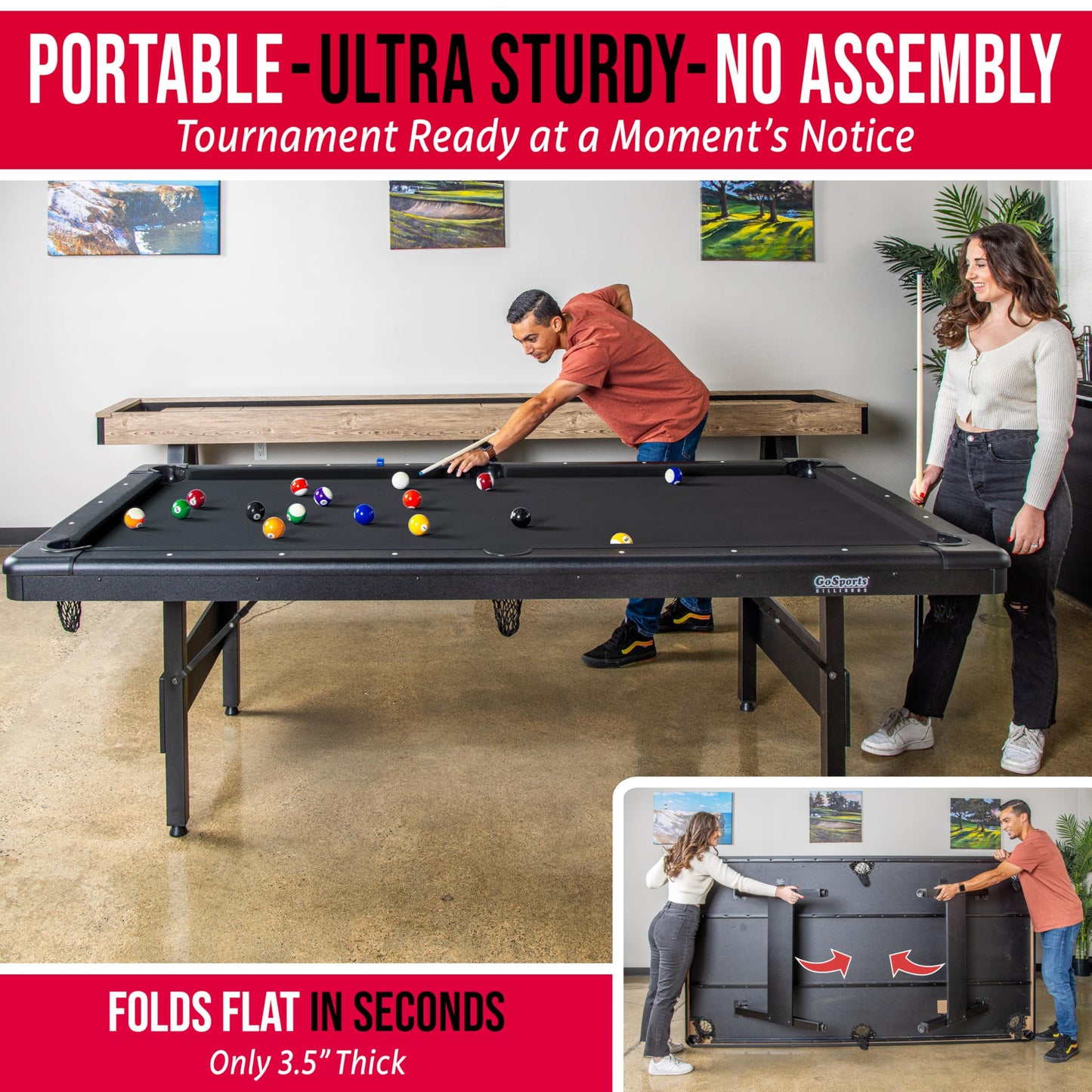 GoSports Full Size 8 ft x 4.2 ft Billiards Game Table - Foldable Design, Includes Full Set of Pool Balls, 2 Cue Sticks, Chalk, and Felt Brush - Black