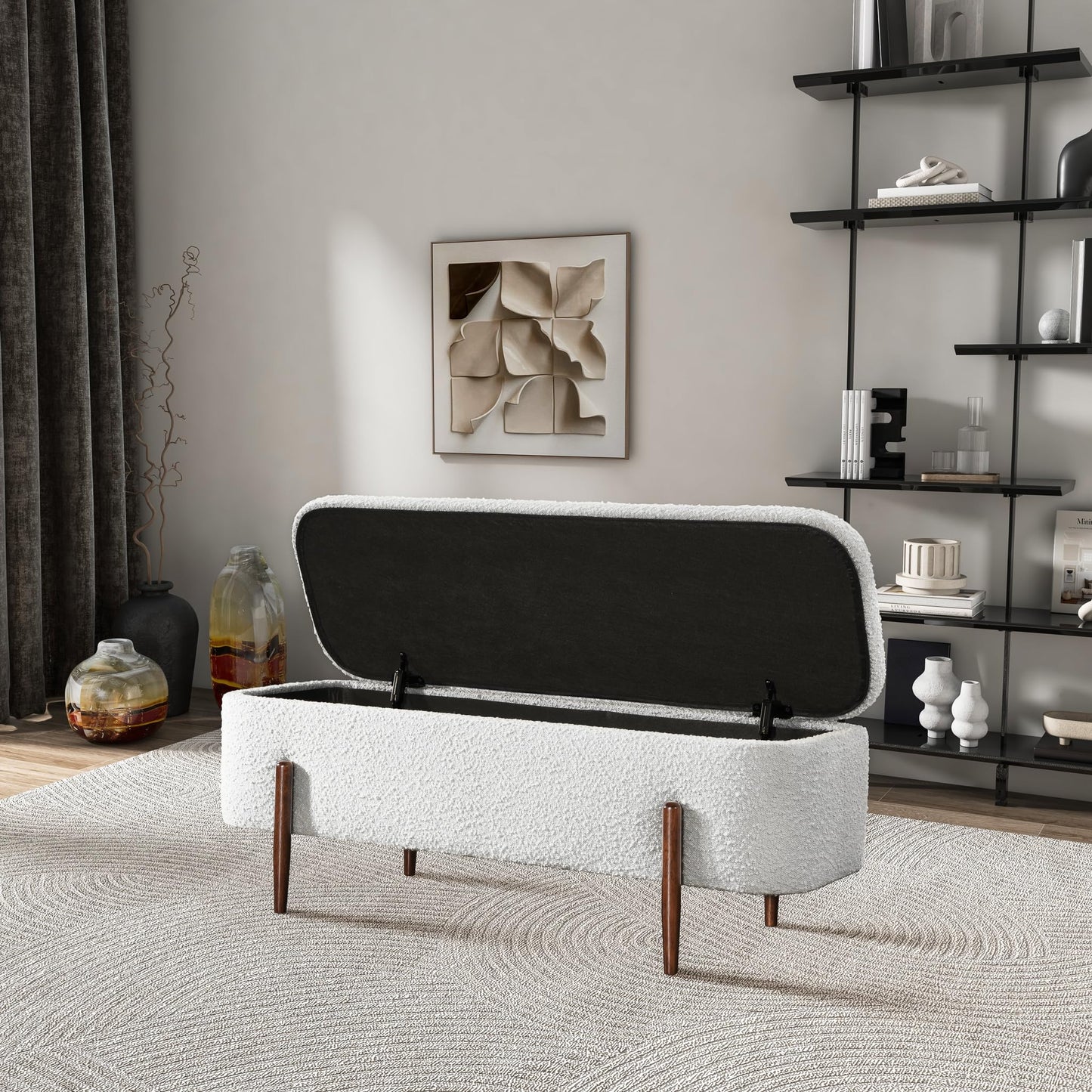 GDFStudio Sarna 48" Mid-Century Modern Storage Ottoman Bench, Lift-Top Curve Rectangle Ottoman Pouf with Solid Wood Legs, Boucle Upholstered Large Footrest, Coffee Table Ottoman for Living Room, Ivory