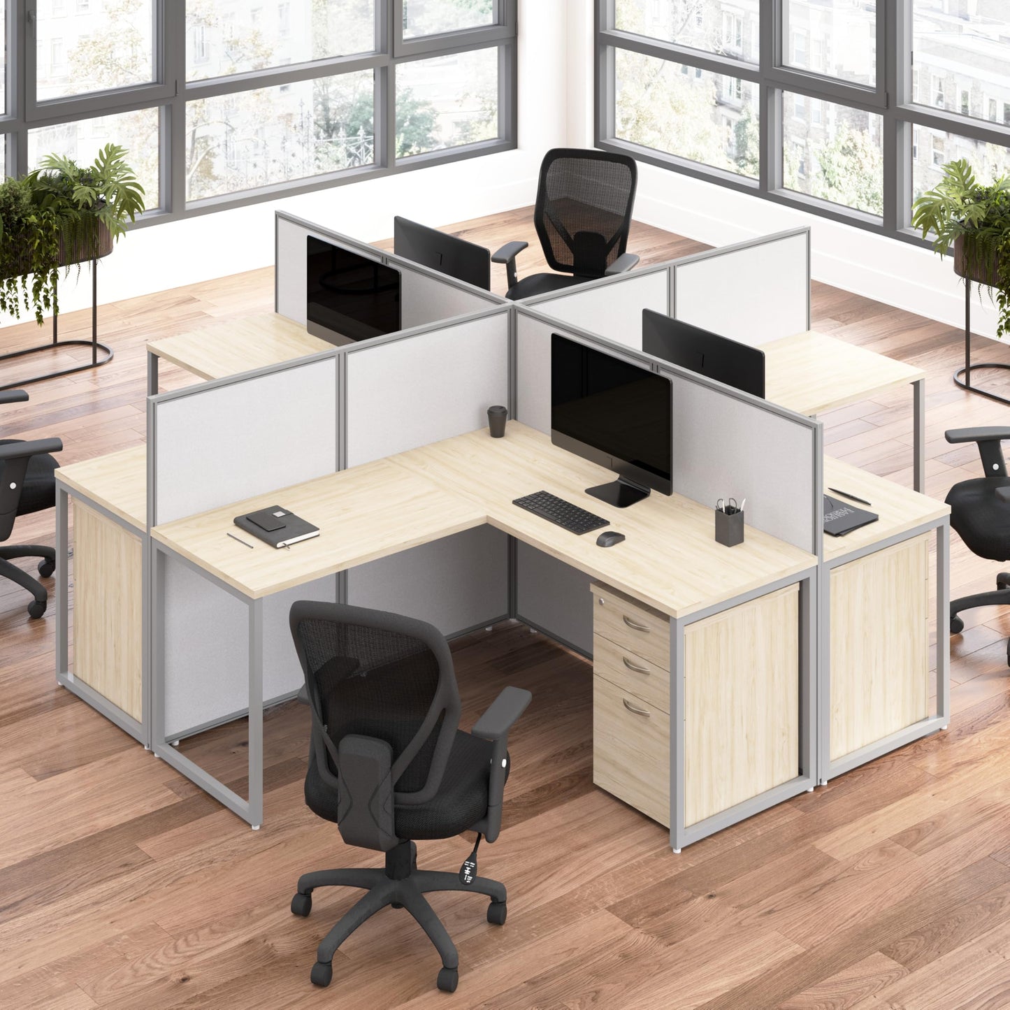 Bush Business Furniture 60-inch 2 Person Cubicle Desk with Tall Panels, Double Workstation, Easy Office Collection, Natural Elm