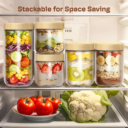 6 Pack 10oz Overnight Oats Containers with Bamboo Lids, Glass Jars with Airtight Lids for Meal Prep, Wide Mouth Mason Salad Jars, Glass Food Storage Container for Yogurt Chia Snacks Spice Sugar