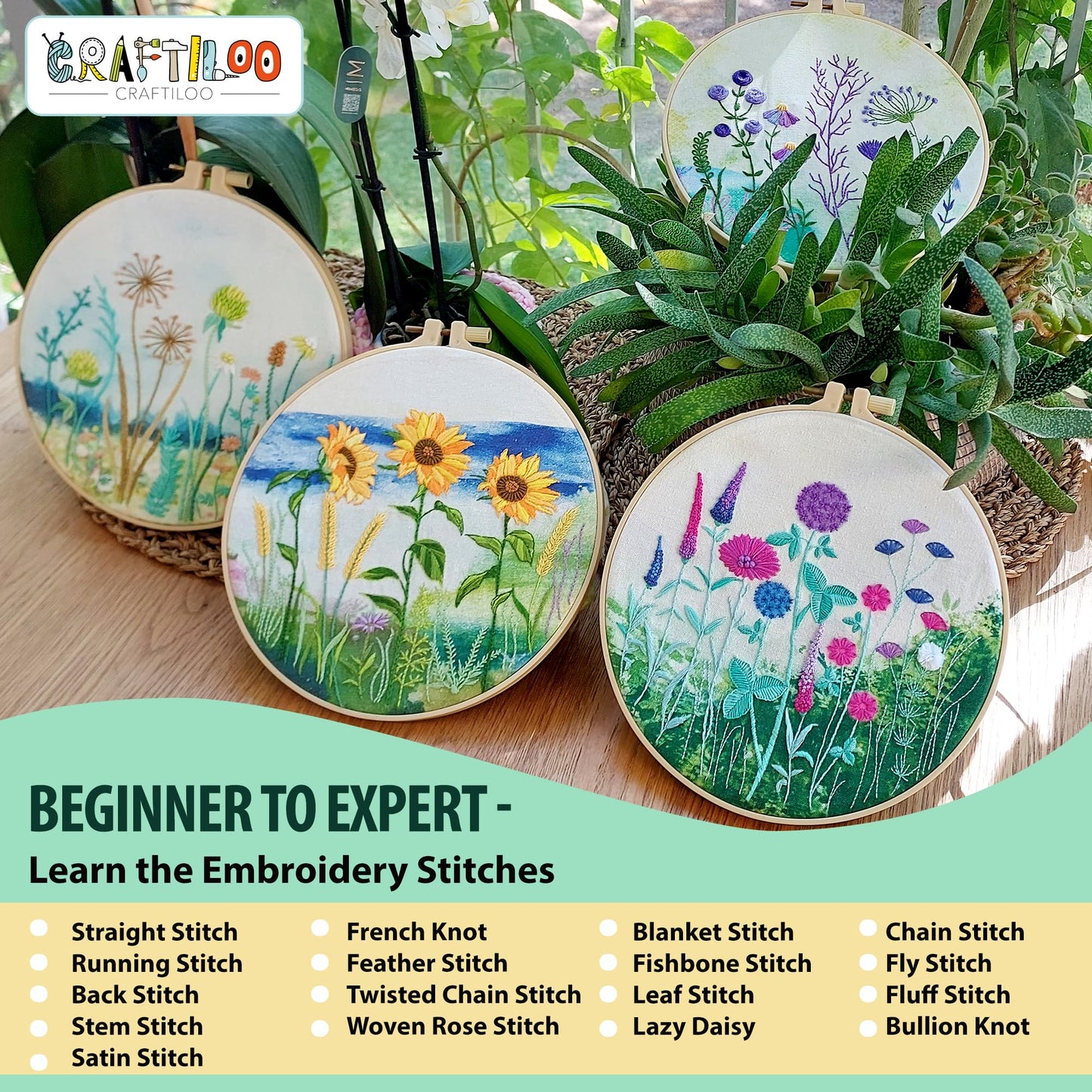CRAFTILOO Embroidery Kit for Beginners Adults — 4 Floral Stamped Patterns, Learn 17 Stitches | Complete Needlepoint Kit with Hoop, Needles, Thread & Video Tutorial | Embroidery Kits for Adults Women